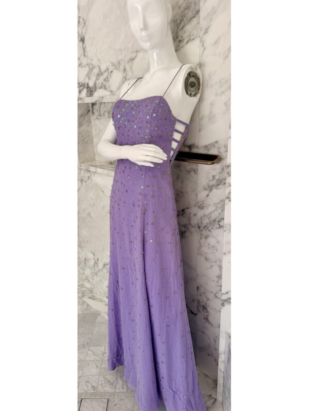 Vintage Alyce Designs Size 8 Purple Silk Beaded Star Sequin Y2K Prom Gown